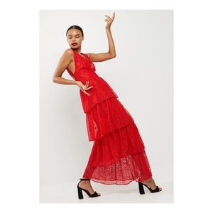 Asos Red Lace Tiered Frill Maxi Dress